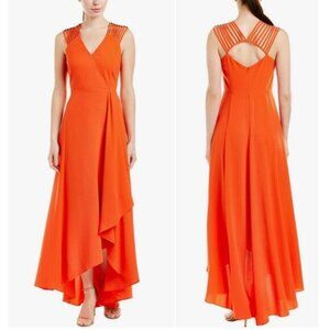 Halston Heritage Women's Multi Strap Sleeve V-Neck Gown with Flowy Skirt Size 4
